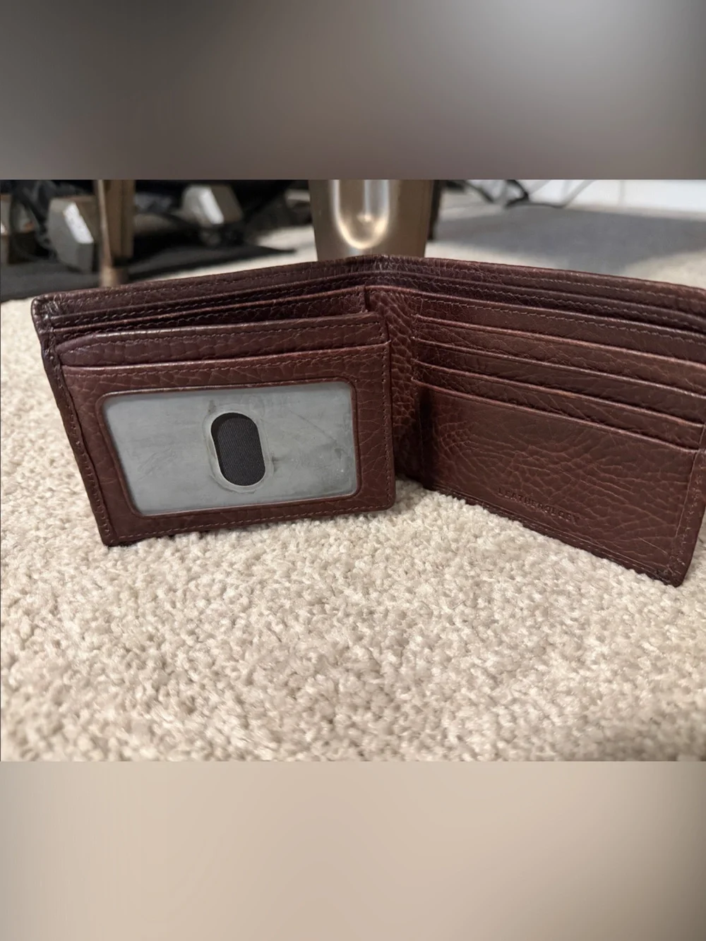 Monogrammed CP Brown Leather Men's Bifold Wallet with flap.
